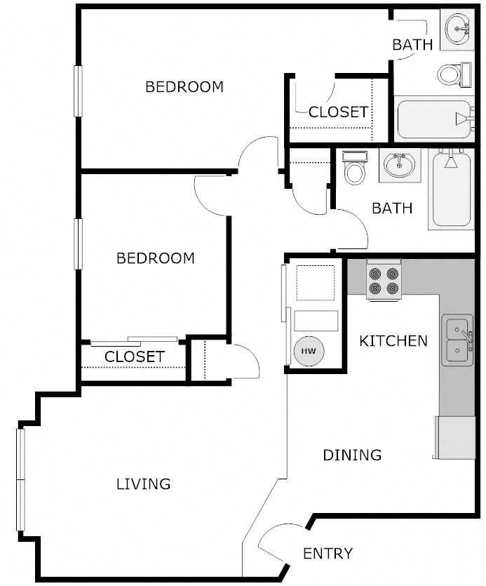 Floor plan for 2 beds, 2 baths, 828 sqft